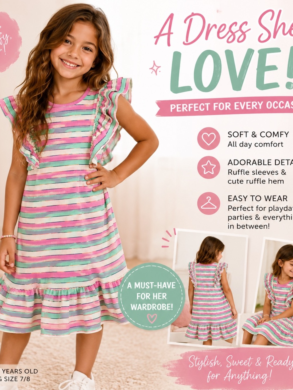 Baby Sara Girls' Pink Multicolor Stripe Ruffle Dress size 7